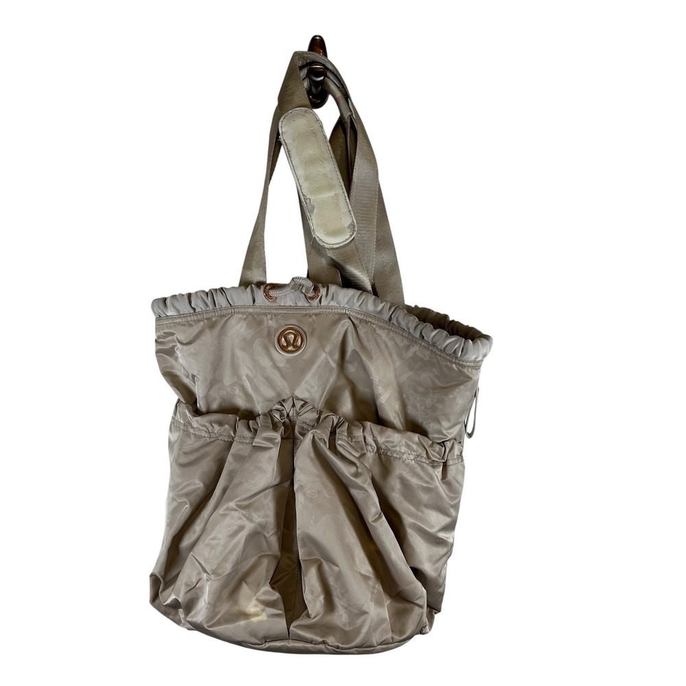 Lululemon Floral Drawstring Gym Tote Bag Taupe Champagne Rose Gold Logo *FLAWED*